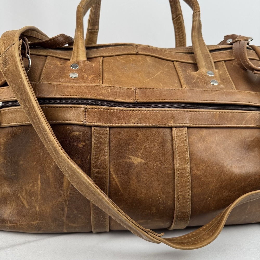 Vtg Tan Leather Duffle Bag Travel Weekender Gym Luggage Side Grab Handles 22" - Picture 5 of 13